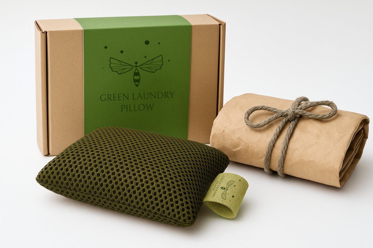 Green Laundry Pillow with its gift box and wrapped parcel